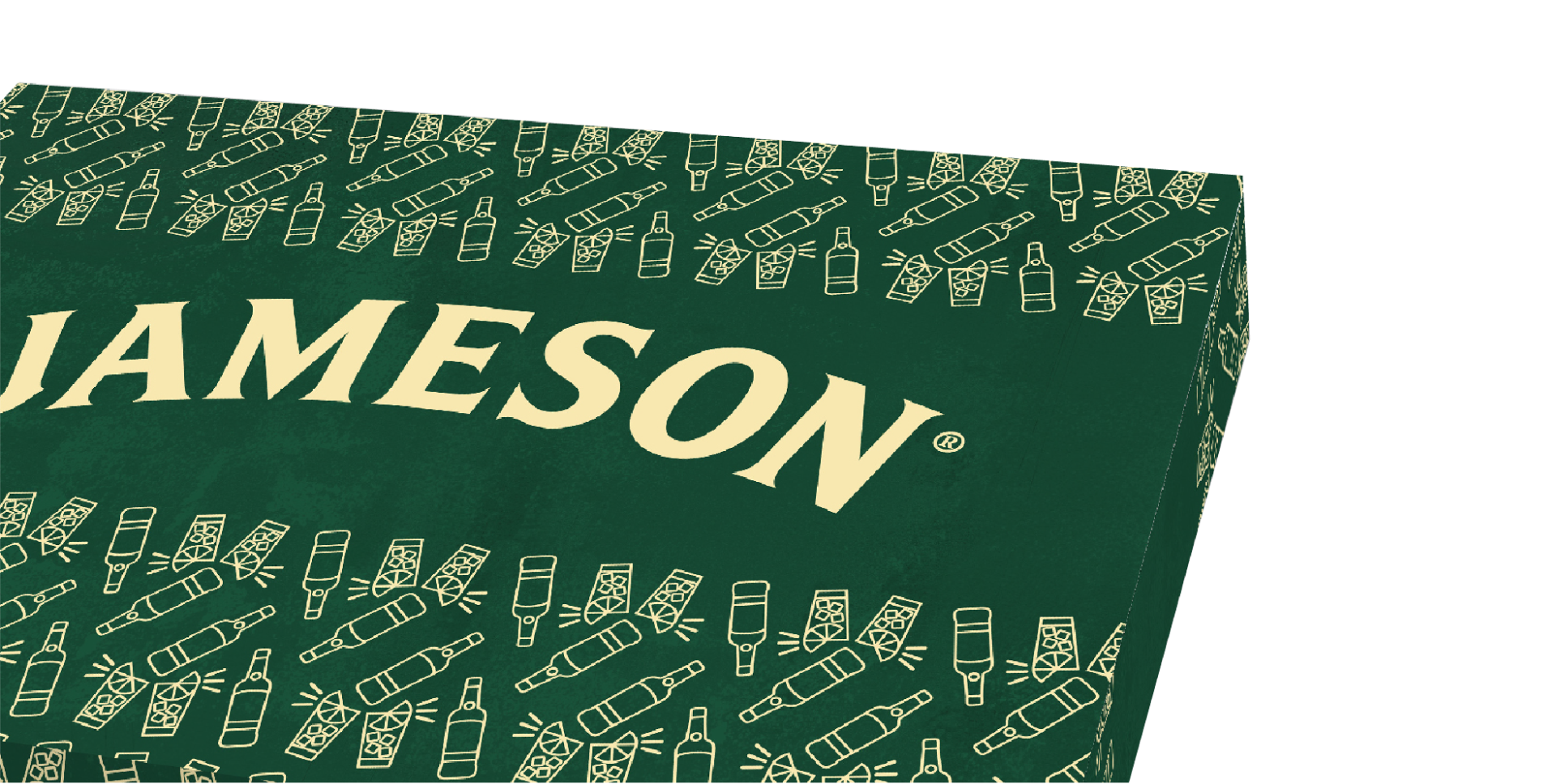 Jameson branded packaging with pattern of bottles and glasses