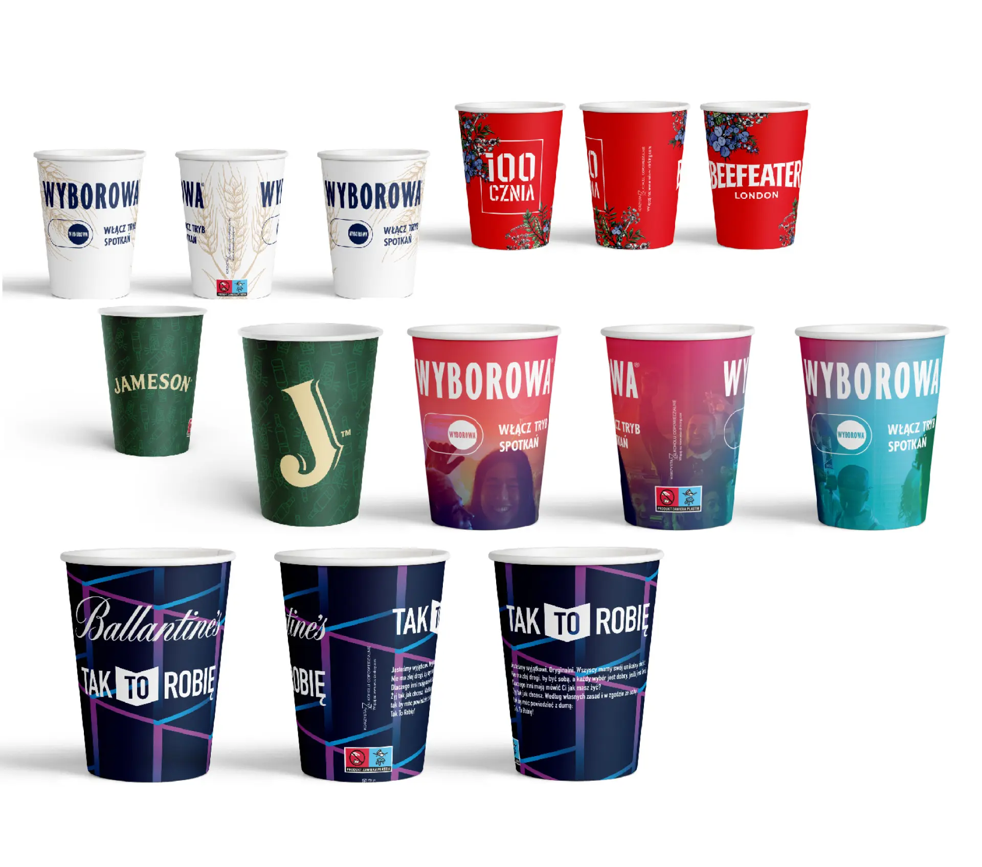 Various branded cups including Wyborowa, Jameson, Beefeater, and Ballantine's