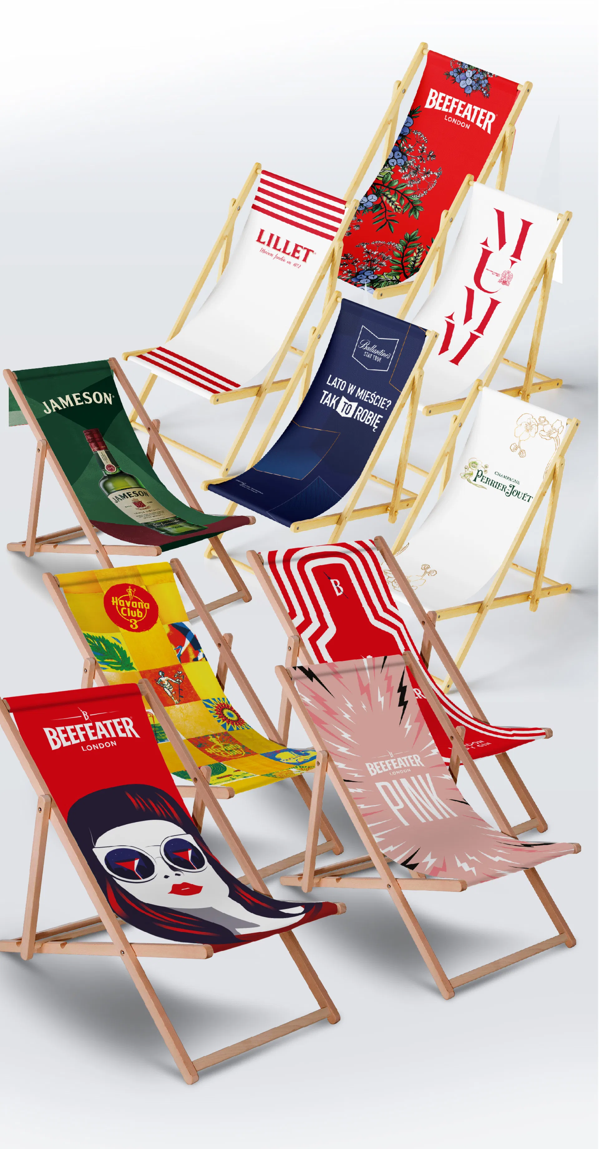 Various branded deck chairs including Jameson, Beefeater, Havana Club, and Lillet