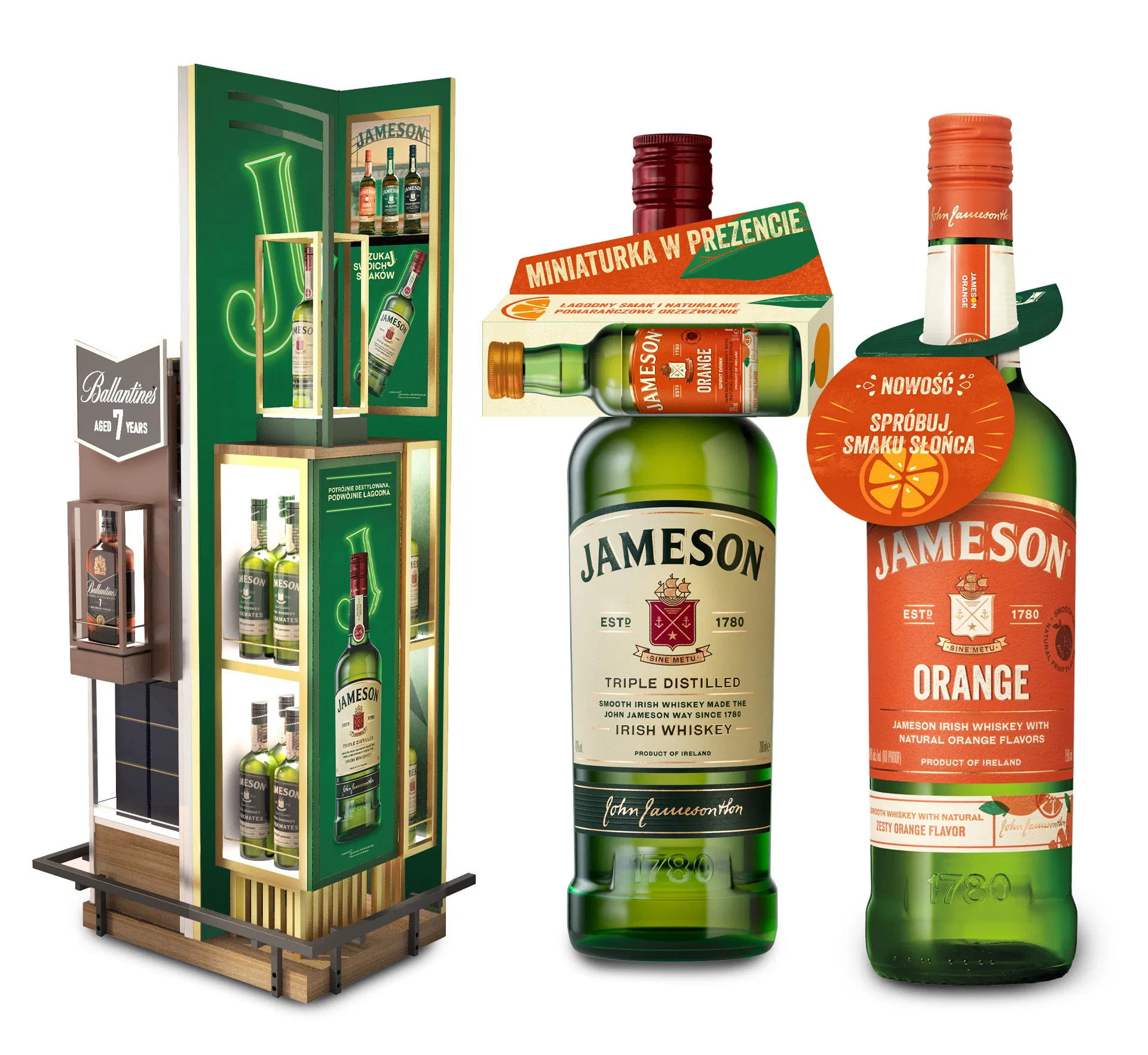 Jameson Orange display stand with bottles and promotional text