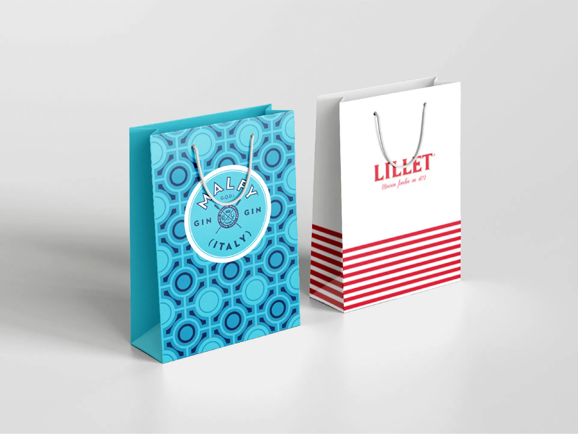 Branded gift bags including Malfy Gin and Lillet