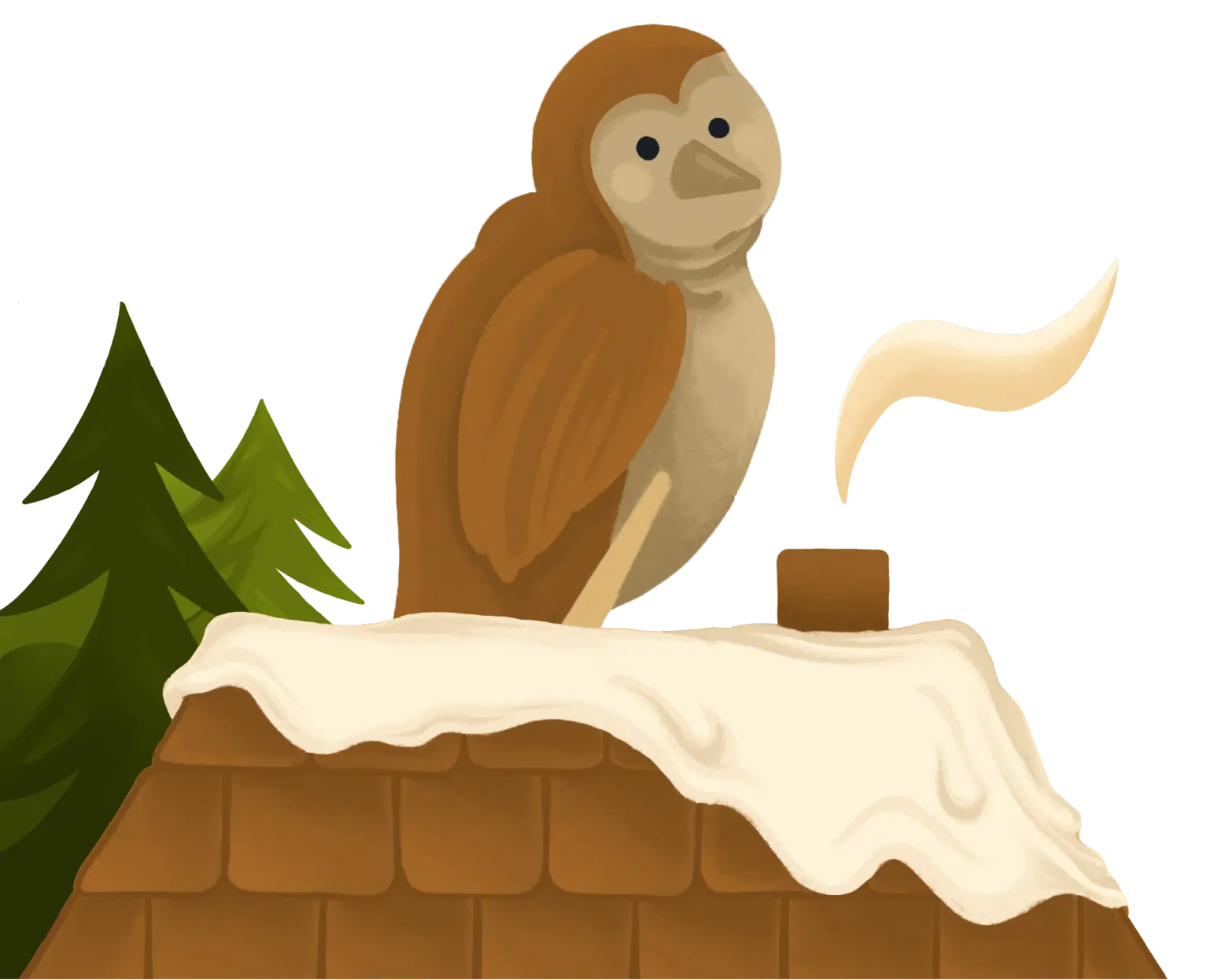 Illustration of a brown owl perched on a snow-covered rooftop with trees in the background and smoke rising from a chimney.