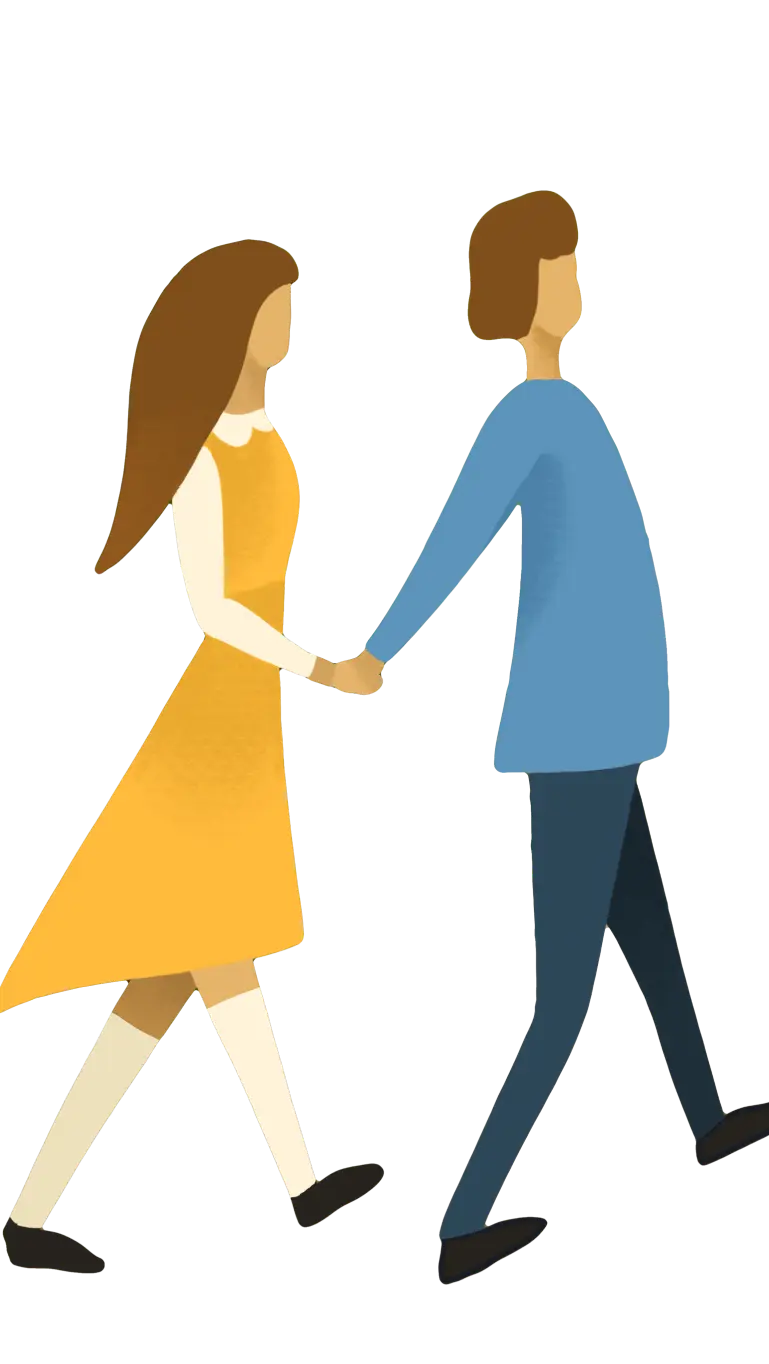 Illustration of a man and a woman holding hands while walking, the man wearing a blue shirt and dark pants, and the woman wearing a yellow dress and white leggings.