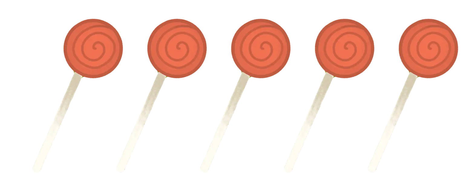 Illustration of five red swirl lollipops on sticks arranged in a row.