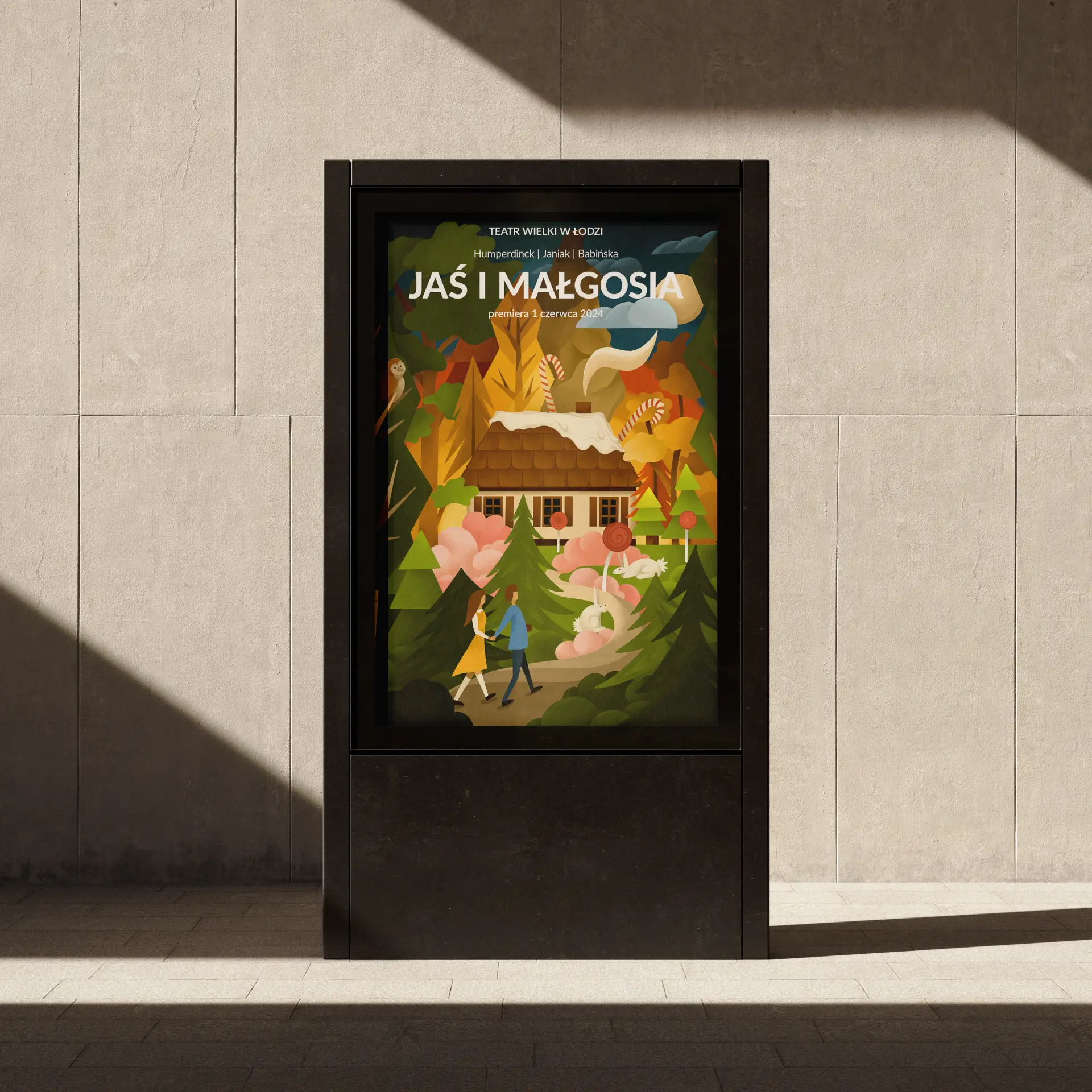 Poster for a performance of 'Jaś i Małgosia' at Teatr Wielki in Łódź. The poster features an illustration of a couple walking towards a candy-themed house in a forest with various candy and nature elements around. The performance date is June 1, 2024.