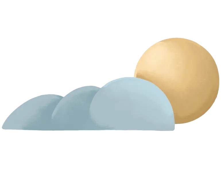 Illustration of a yellow sun partially obscured by three blue clouds.