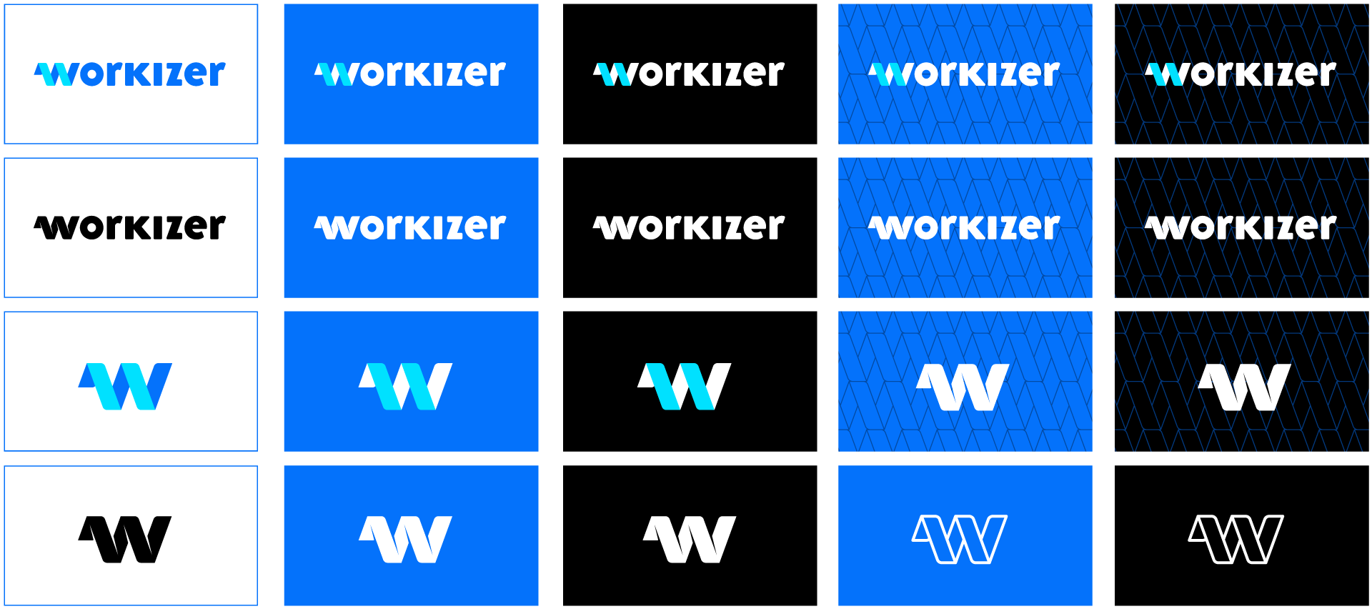 A vertical stack of four variations of a logo for "Workizer." The logos feature a stylized "W" in white and/or blue, accompanied by the "workizer" text in different styles. The design is set against a black background, emphasizing the logo variations for branding purposes, with a modern and clean feel.