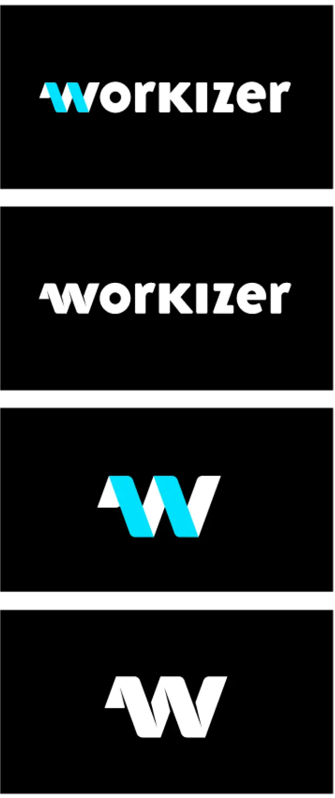 A vertical stack of four variations of a logo for "Workizer." The logos feature a stylized "W" in white and/or blue, accompanied by the "workizer" text in different styles. The design is set against a black background, emphasizing the logo variations for branding purposes, with a modern and clean feel.