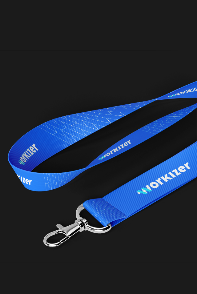 A blue lanyard with the "Workizer" logo printed repeatedly along its length. The lanyard features a subtle geometric pattern and has a silver metal clip at the end for attaching badges or keys. The lanyard is displayed against a black background, highlighting its design.