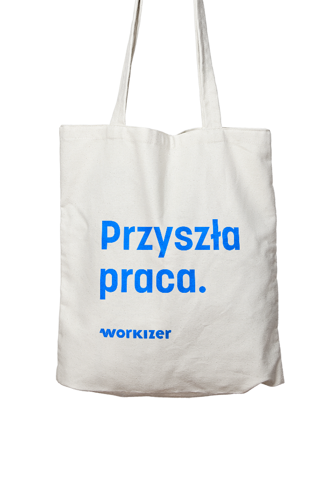  A white canvas tote bag with blue text printed on the front. The text reads "Przyszła praca." in large, bold letters, with the "Workizer" logo printed below. The bag is displayed against a plain white background.