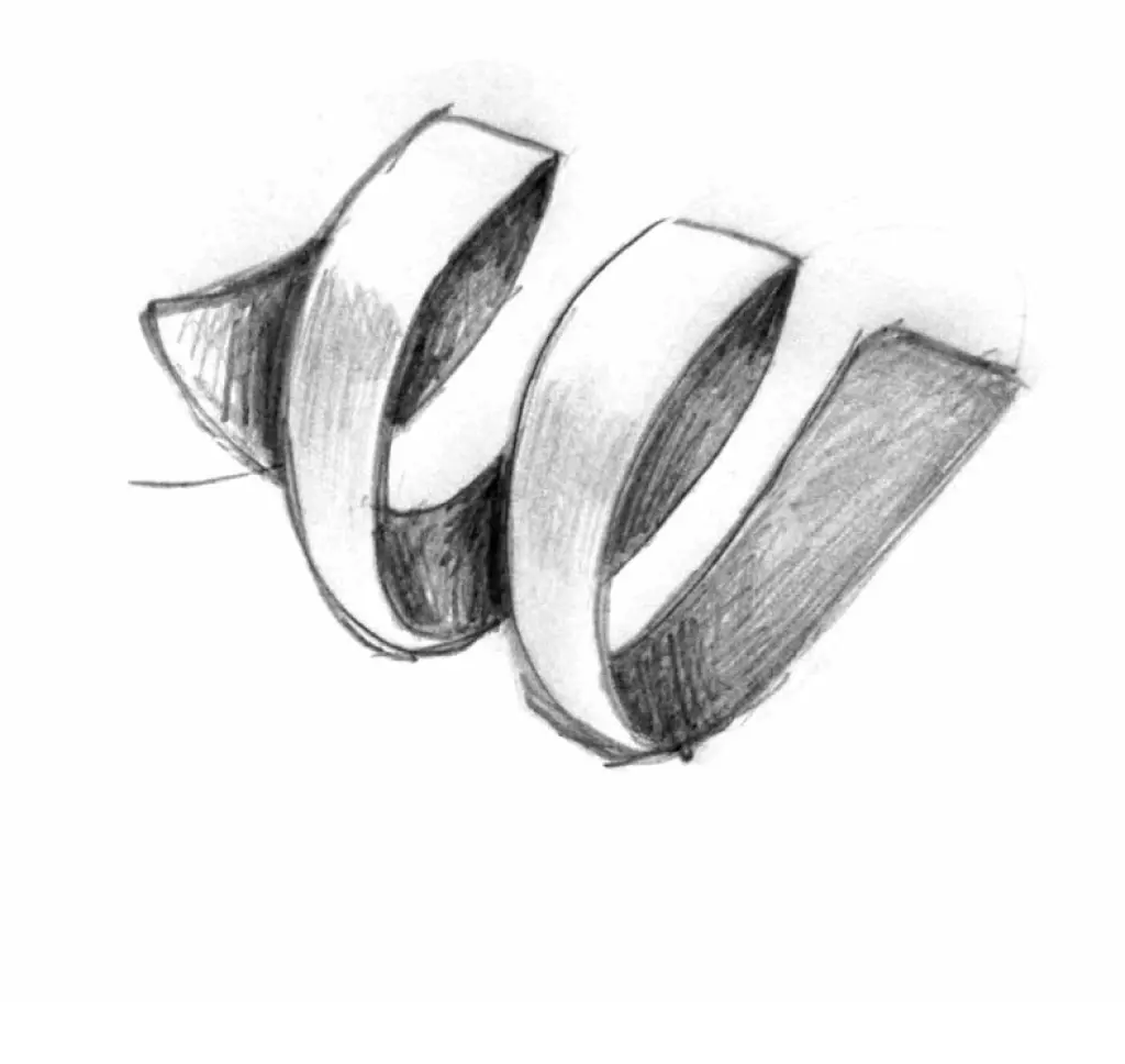 A design showcasing a bold, blue ribbon-like shape spiraling against a black background. In the top right corner, there is a grayscale sketch of the shape viewed from multiple angles, enhancing the concept of 3D design and illustrating the process from sketch to digital rendering. The layout is creative and has a dynamic visual effect.