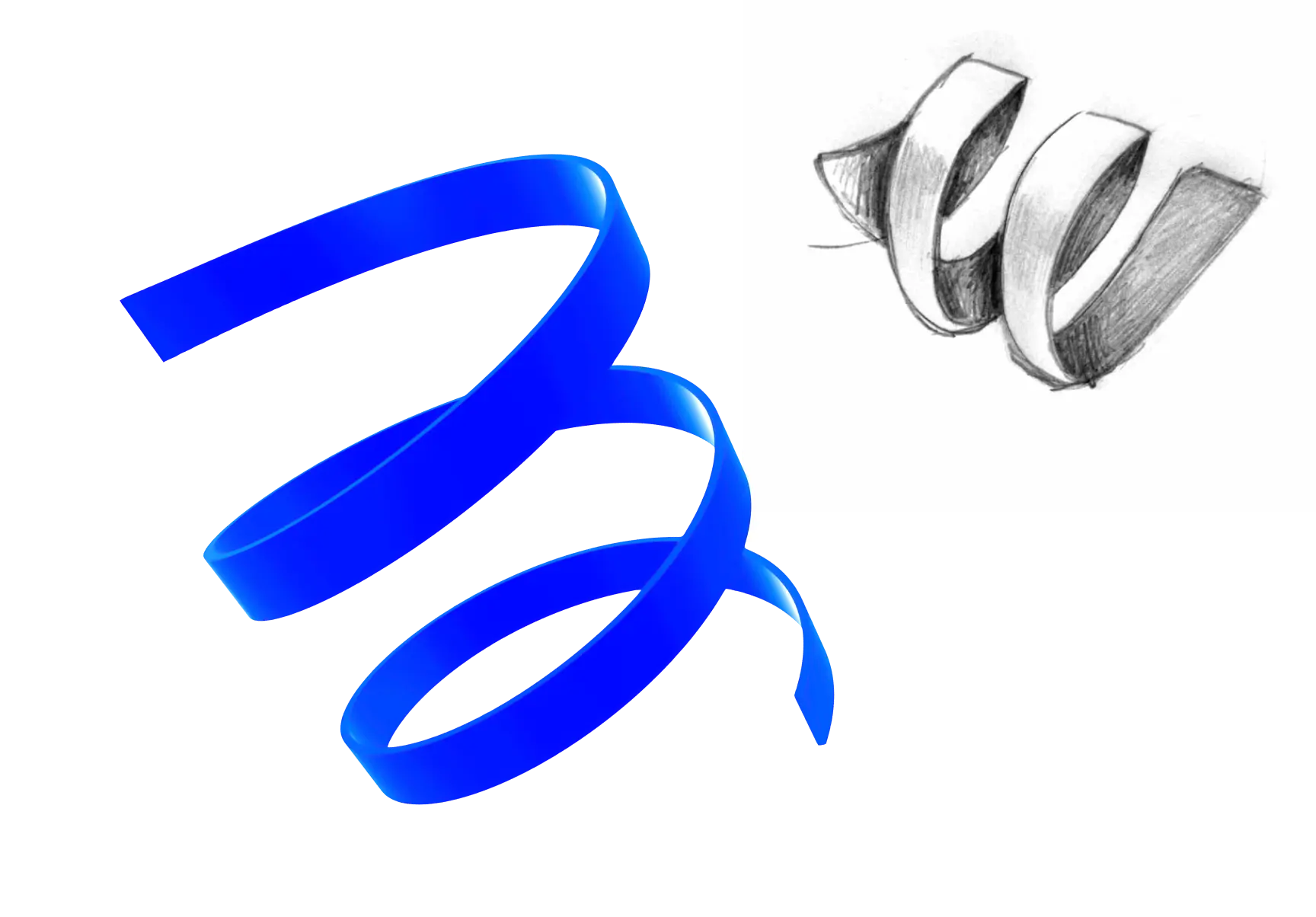 A design showcasing a bold, blue ribbon-like shape spiraling against a black background. In the top right corner, there is a grayscale sketch of the shape viewed from multiple angles, enhancing the concept of 3D design and illustrating the process from sketch to digital rendering. The layout is creative and has a dynamic visual effect.