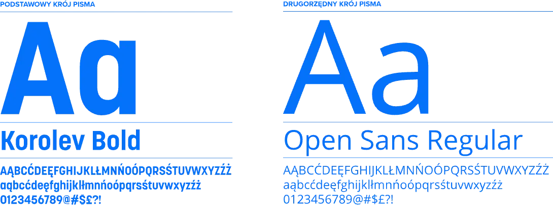 Sample text displayed in two different fonts, "Korolev Bold" and "Open Sans Regular," both shown in various sizes. The text examples illustrate how these fonts look in both uppercase and lowercase letters, as well as in numerical characters. The design is minimalist with a black background and the font names and sizes in blue.