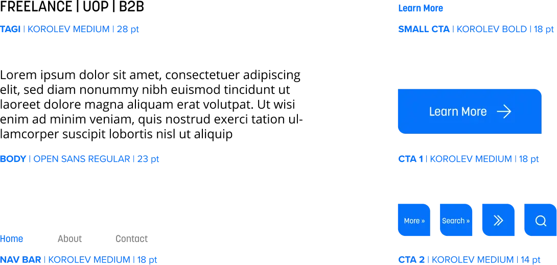 UI design mockup with black background showing font styles, navigation bar, and blue call-to-action buttons labeled 'Learn More,' 'More,' and 'Search.'