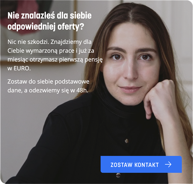 Woman in black sweater with text offering job assistance and a blue 'Contact Us' button.